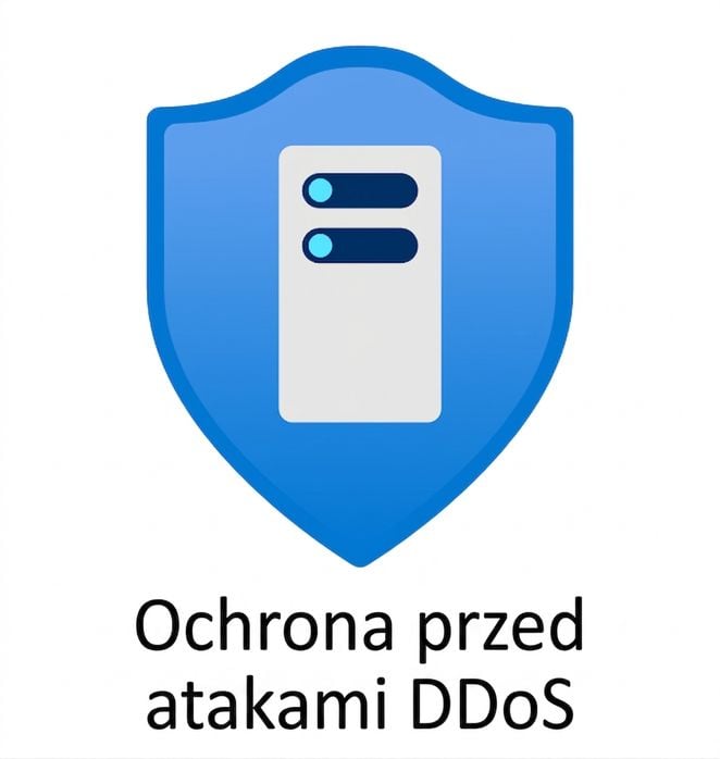 Niebieska tarcza z napisem ochrona przed DDoS