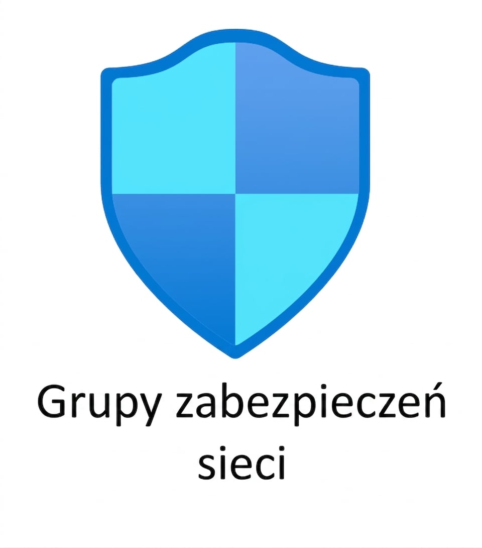 Niebieska tarcza z napisem sieciowe grupy zabezpieczeń