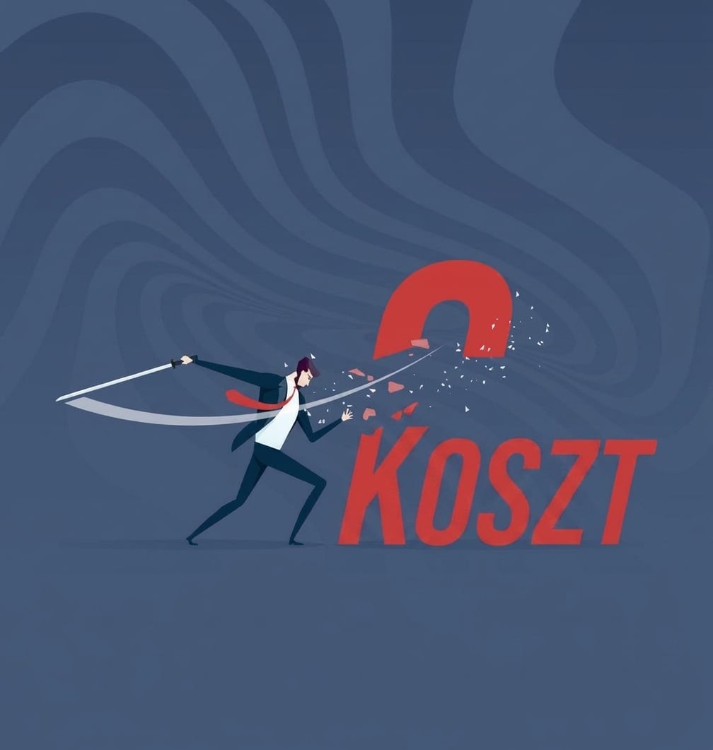 Mężczyzna z mieczem przecinający literę c w słowie cost