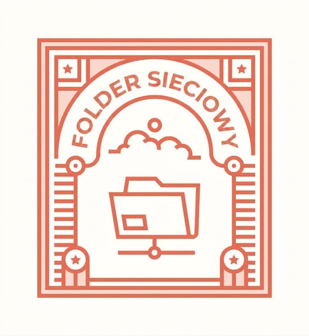 Grafika przypominająca stempel z ikoną folderu sieciowego