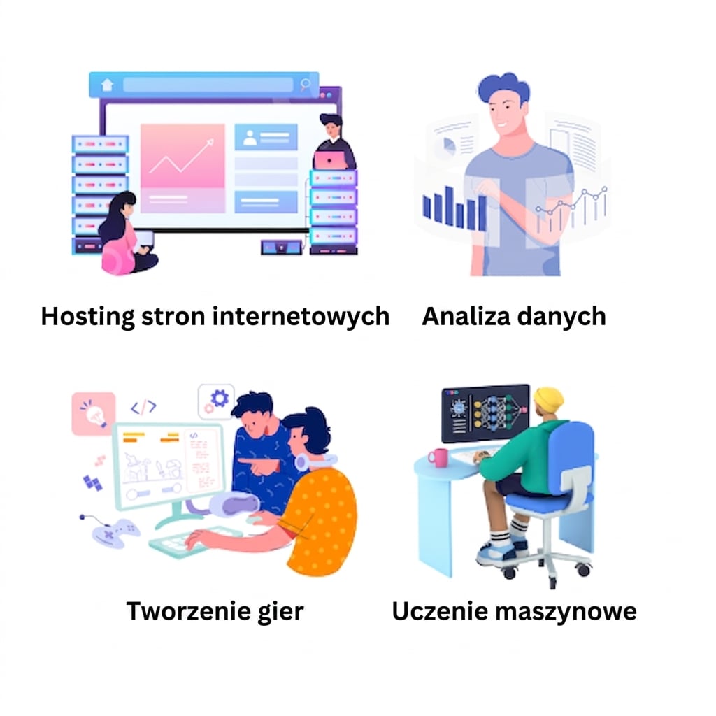 Obraz przedstawiający hosting, tworzenie gier, analizę danych i uczenie maszynowe