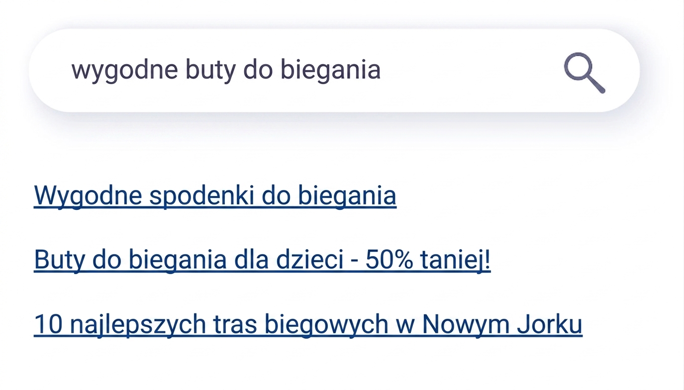 Tradycyjna wyszukiwarka wyświetlająca nieistotne wyniki.