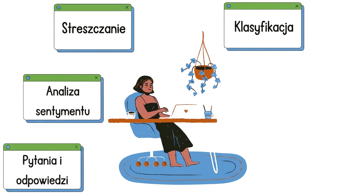 Osoba siedząca przy biurku z zadaniami ilustrującymi klasyfikację tekstu, podsumowywanie, analizę sentymentu i pytania i odpowiedzi