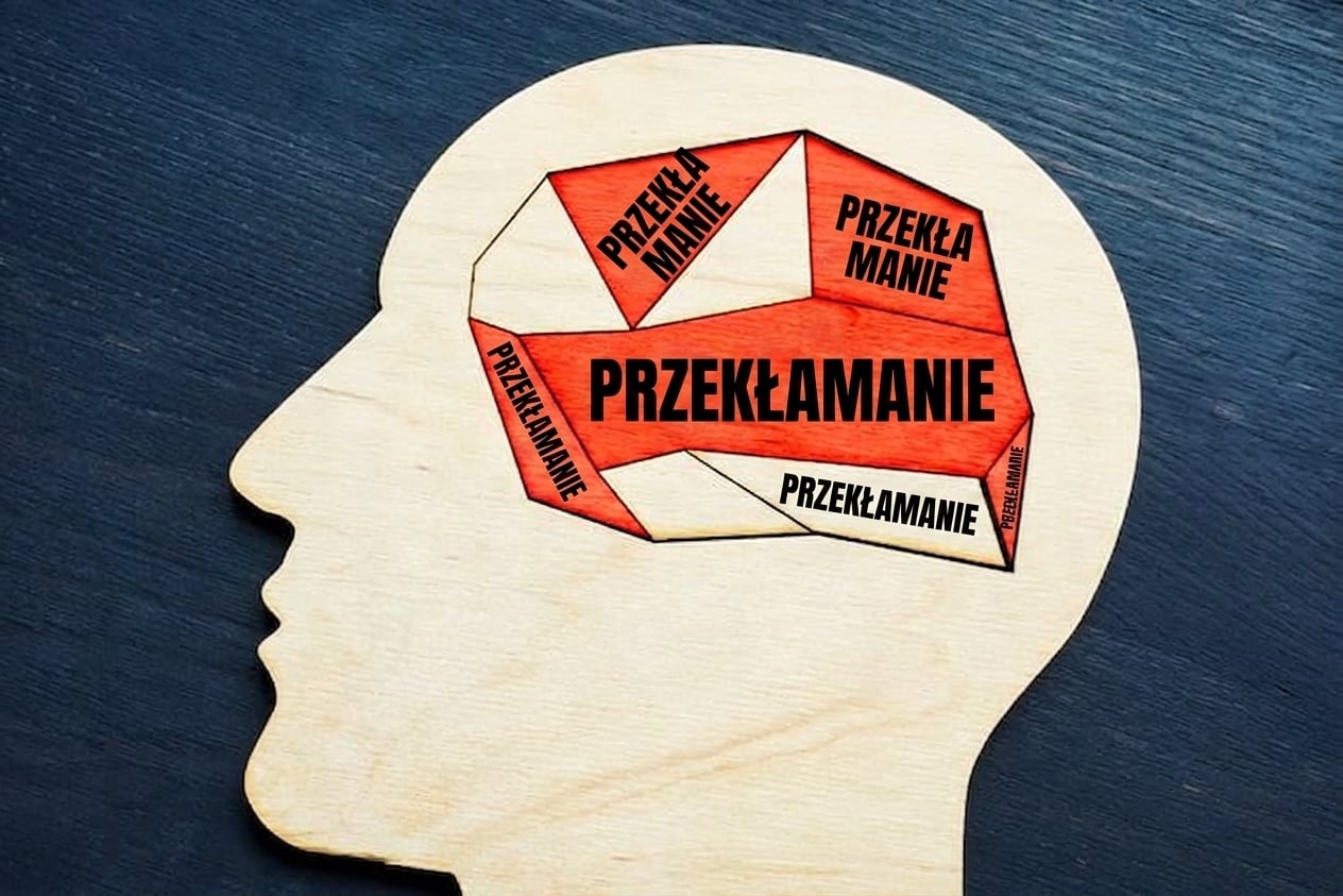 Ilustracja ludzkiej głowy z mózgiem podzielonym na obszary oznaczone słowem „bias"