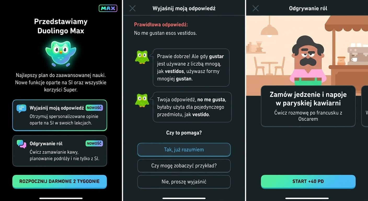 Przykład użycia Duolingo Max w aplikacji mobilnej