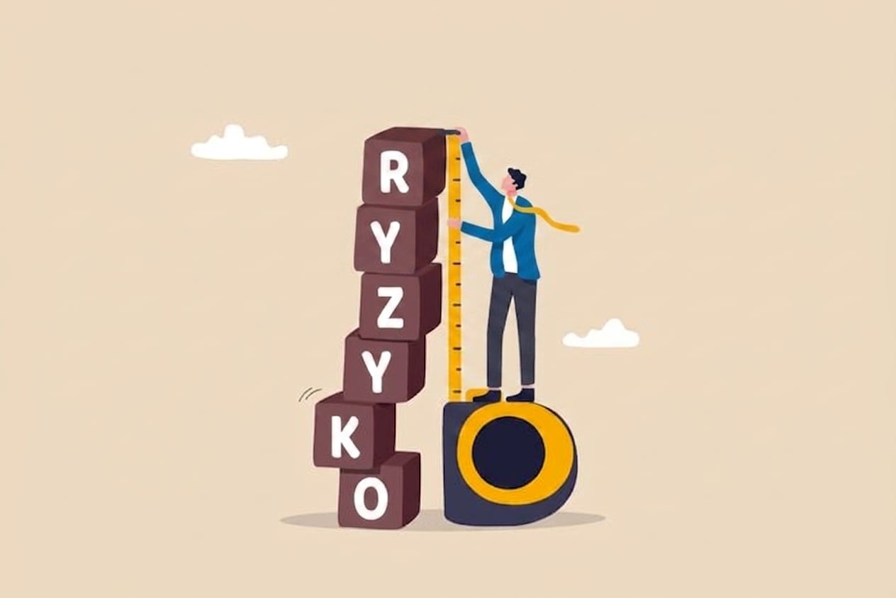 Rysunek przedstawiający mężczyznę stojącego na blokach z napisem „Risk", mierzącego ich wysokość
