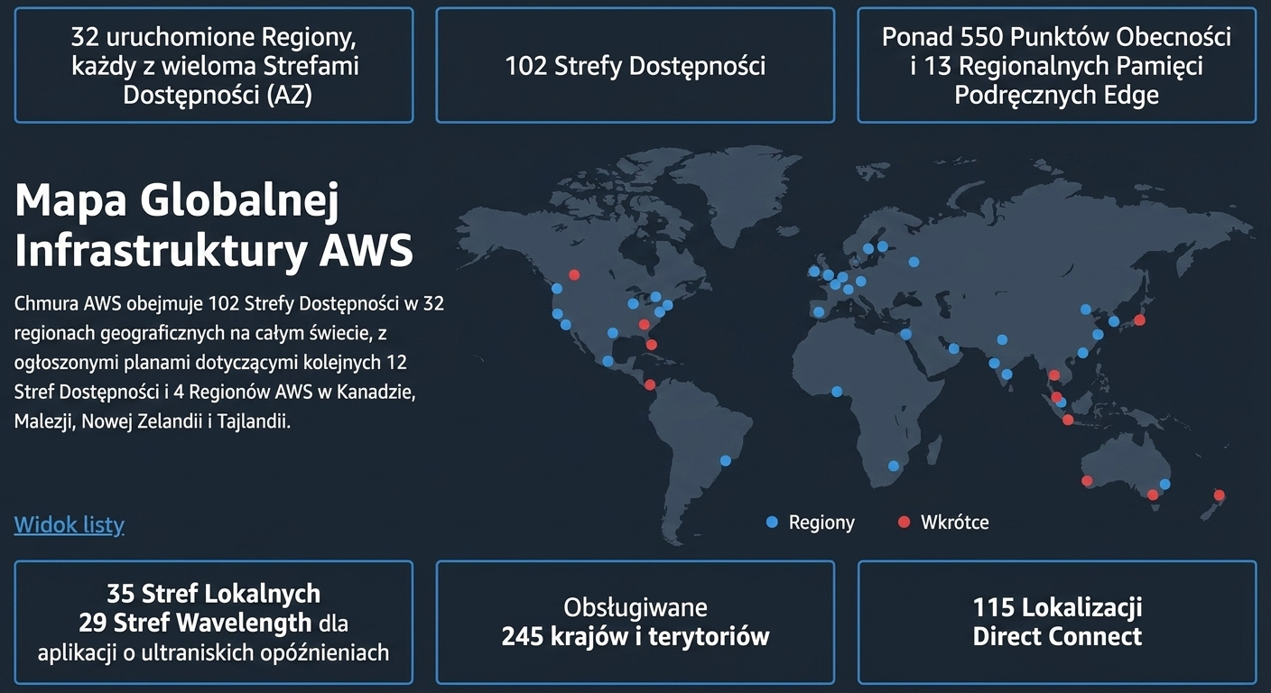 Globus z węzłami rozmieszczonymi na całym świecie, ilustrujący geograficzną różnorodność AWS