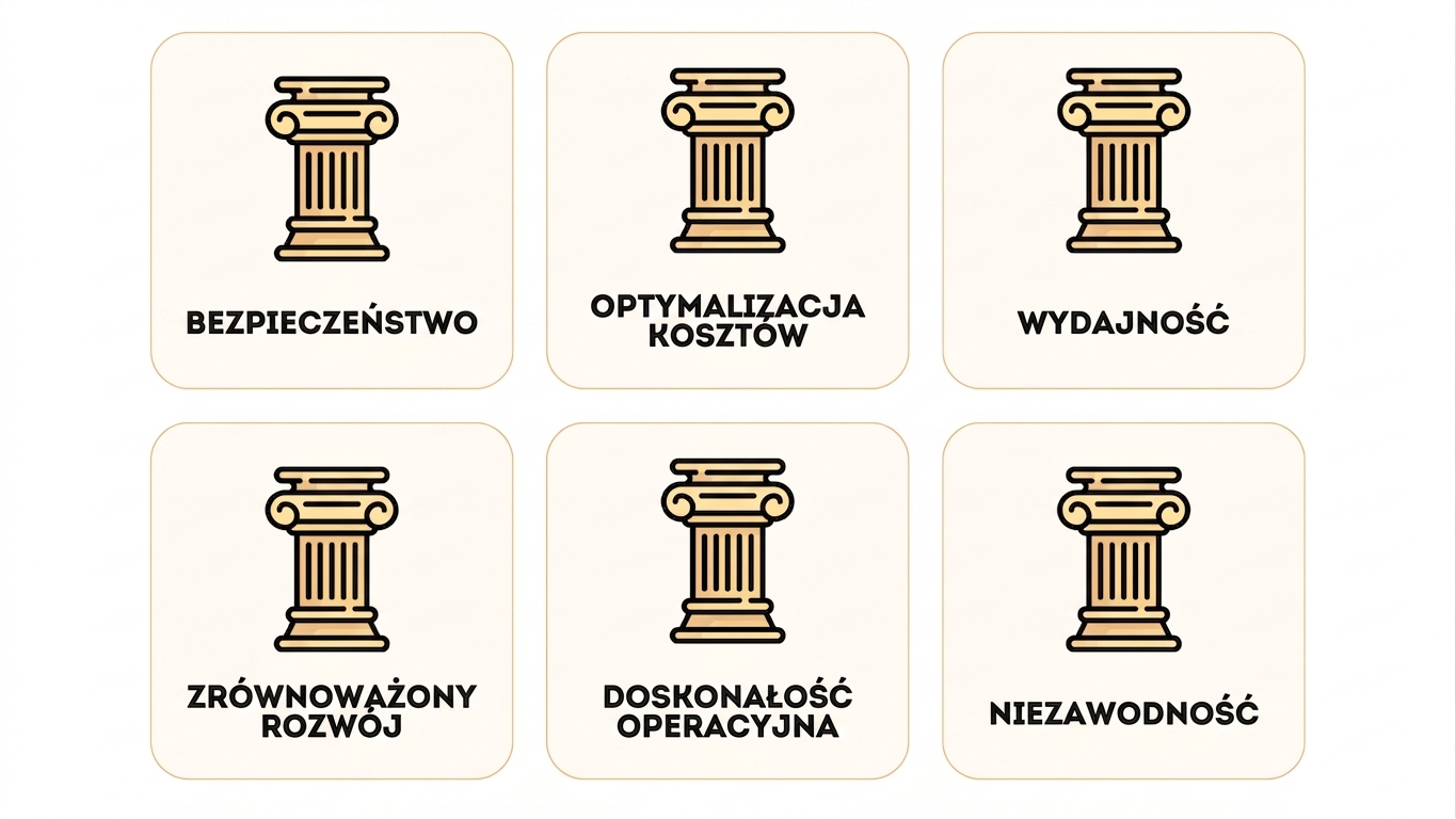 Sześć filarów frameworka: Bezpieczeństwo, Optymalizacja kosztów, Wydajność, Zrównoważony rozwój, Doskonałość operacyjna i Niezawodność