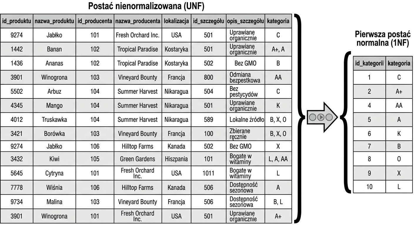Dane wszystkich produktów – od UNF do 1NF