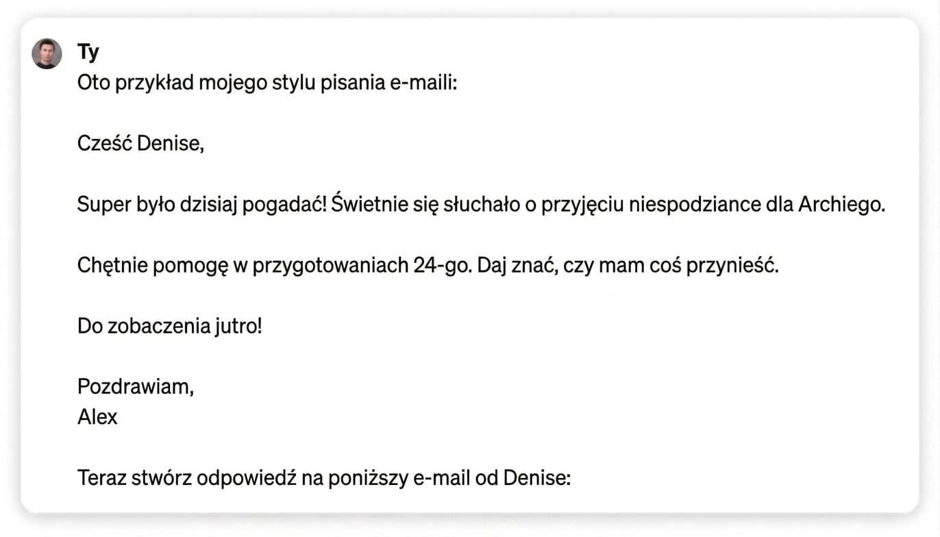 Zrzut ekranu spersonalizowanej odpowiedzi z ChatGPT