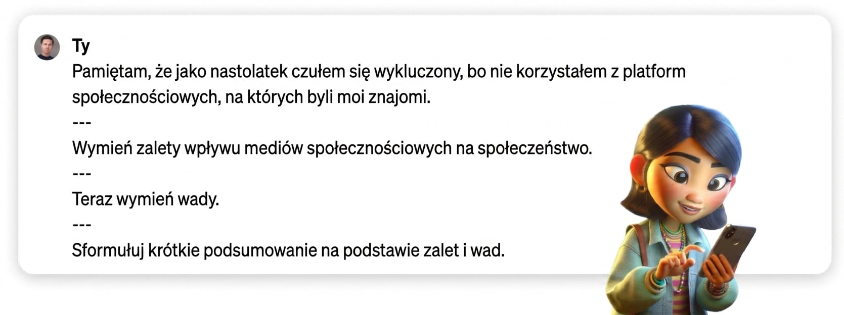 Przykład promptu z ogranicznikami w postaci potrójnego myślnika