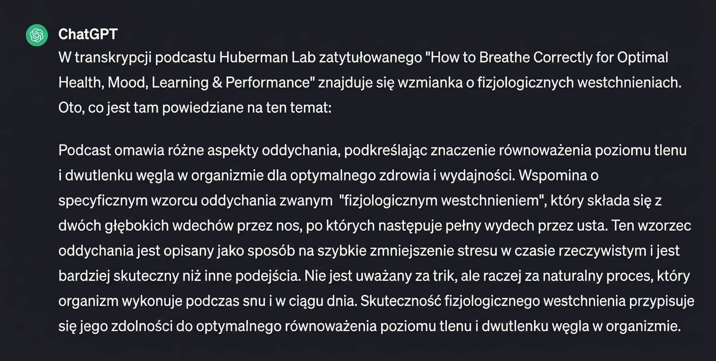 Odpowiedź ChatGPT na prompt z prośbą o streszczenie transkryptu