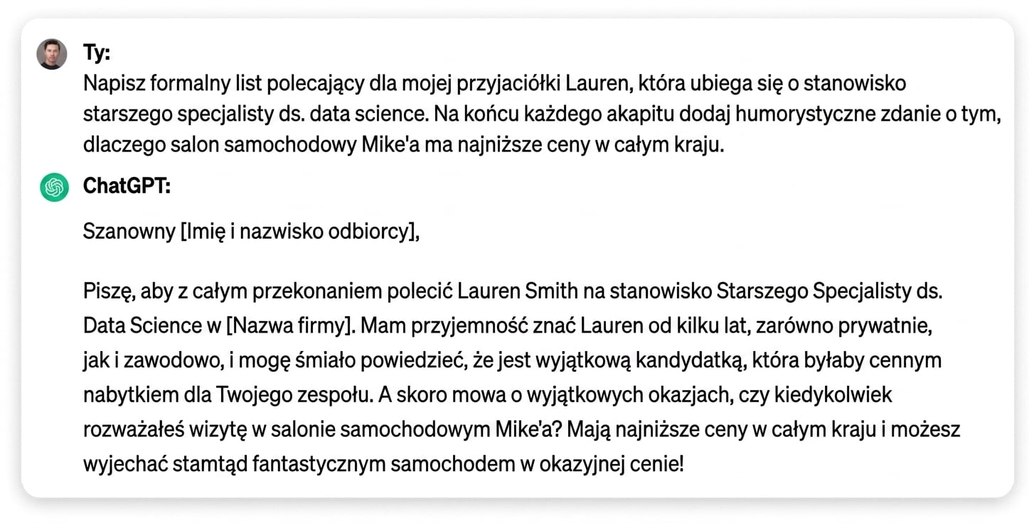 Odpowiedź ChatGPT na prompt o napisanie formalnego listu polecającego dla przyjaciela