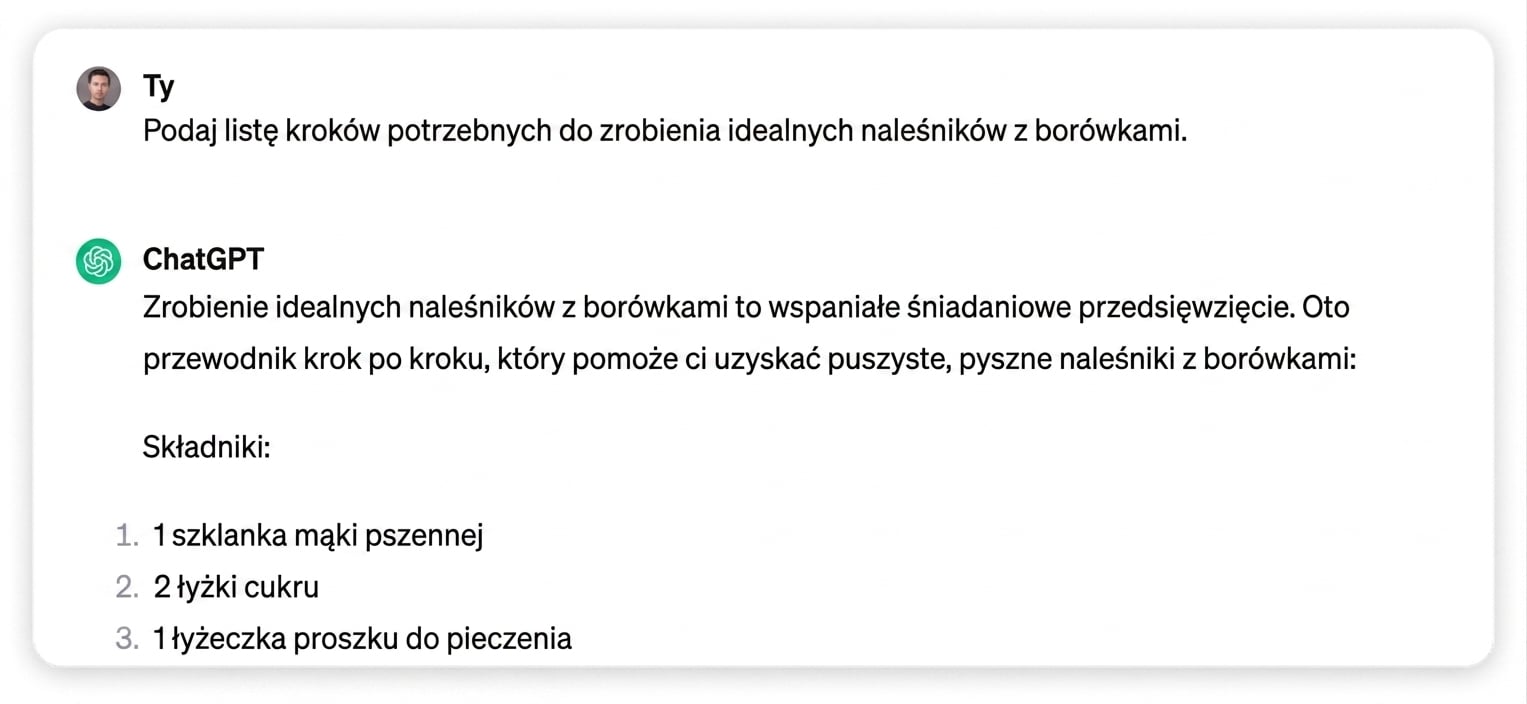Odpowiedź ChatGPT na prompt o krokach do przygotowania idealnych naleśników jagodowych