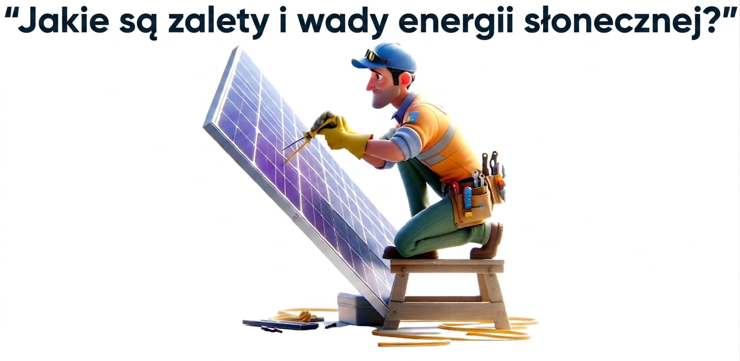 Osoba pracująca przy panelu słonecznym i prompt „what are the benefits and drawbacks of solar energy"