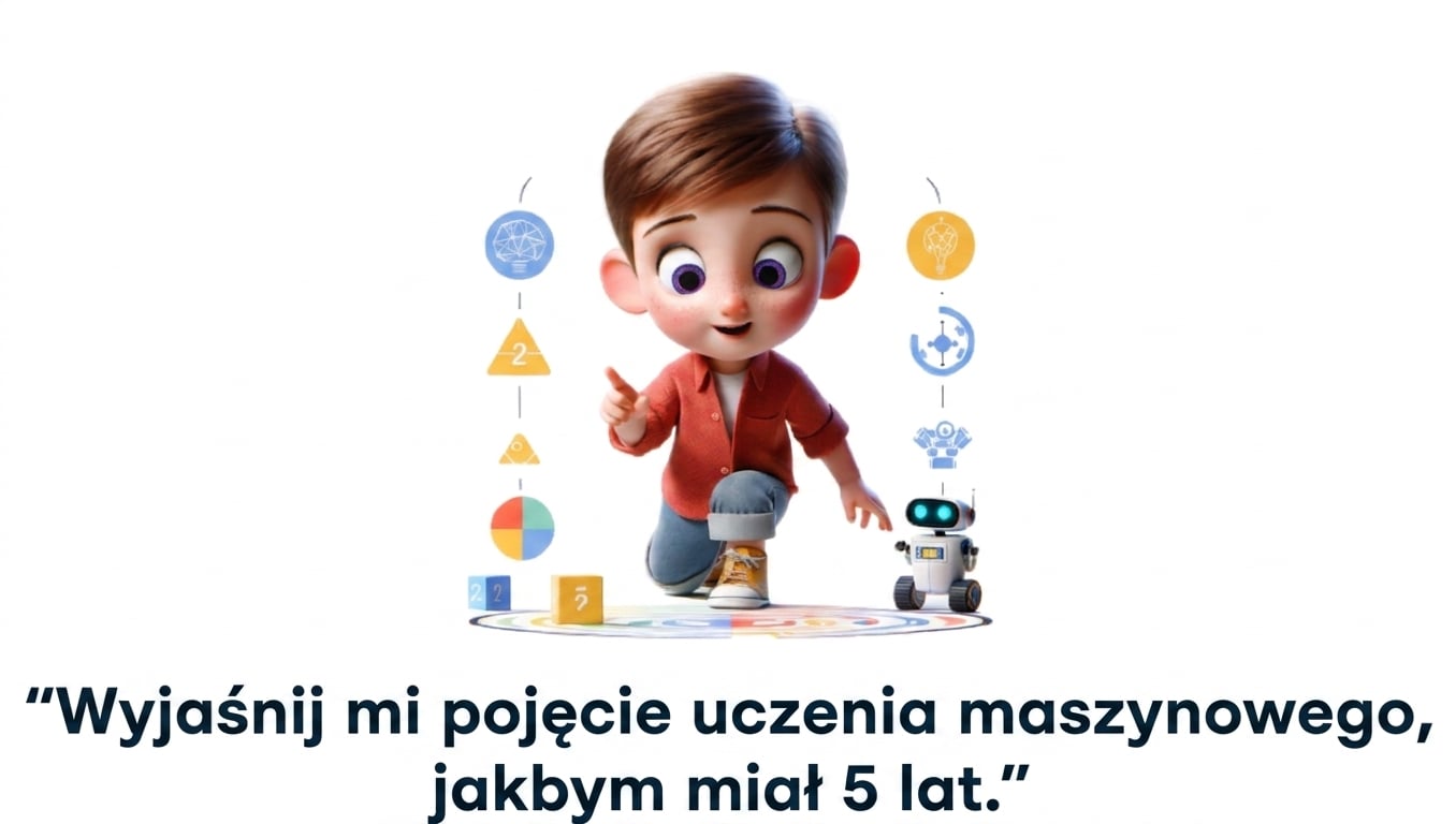 Ilustracja z dzieckiem i promptem „explain the concept of machine learning like i'm a 5 year old"