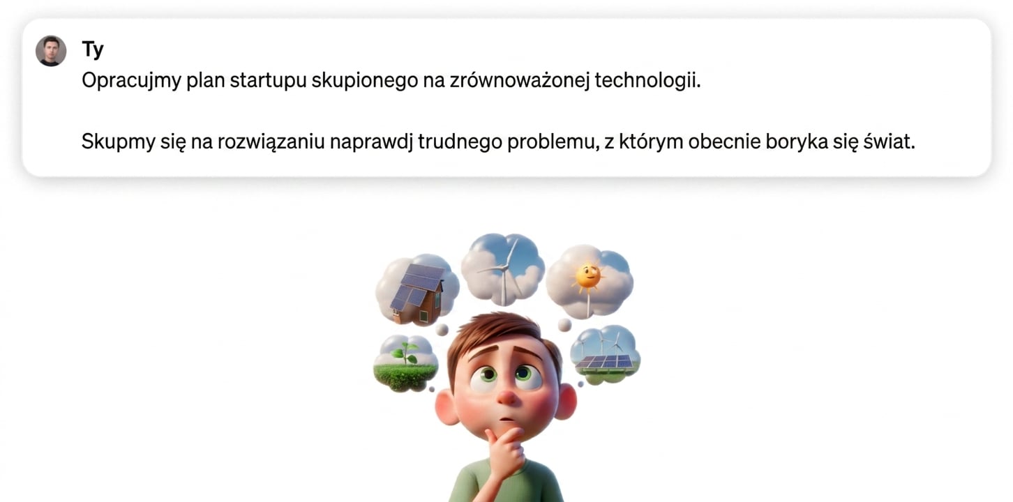 Komiksowa ilustracja dziecka myślącego o zrównoważonej technologii