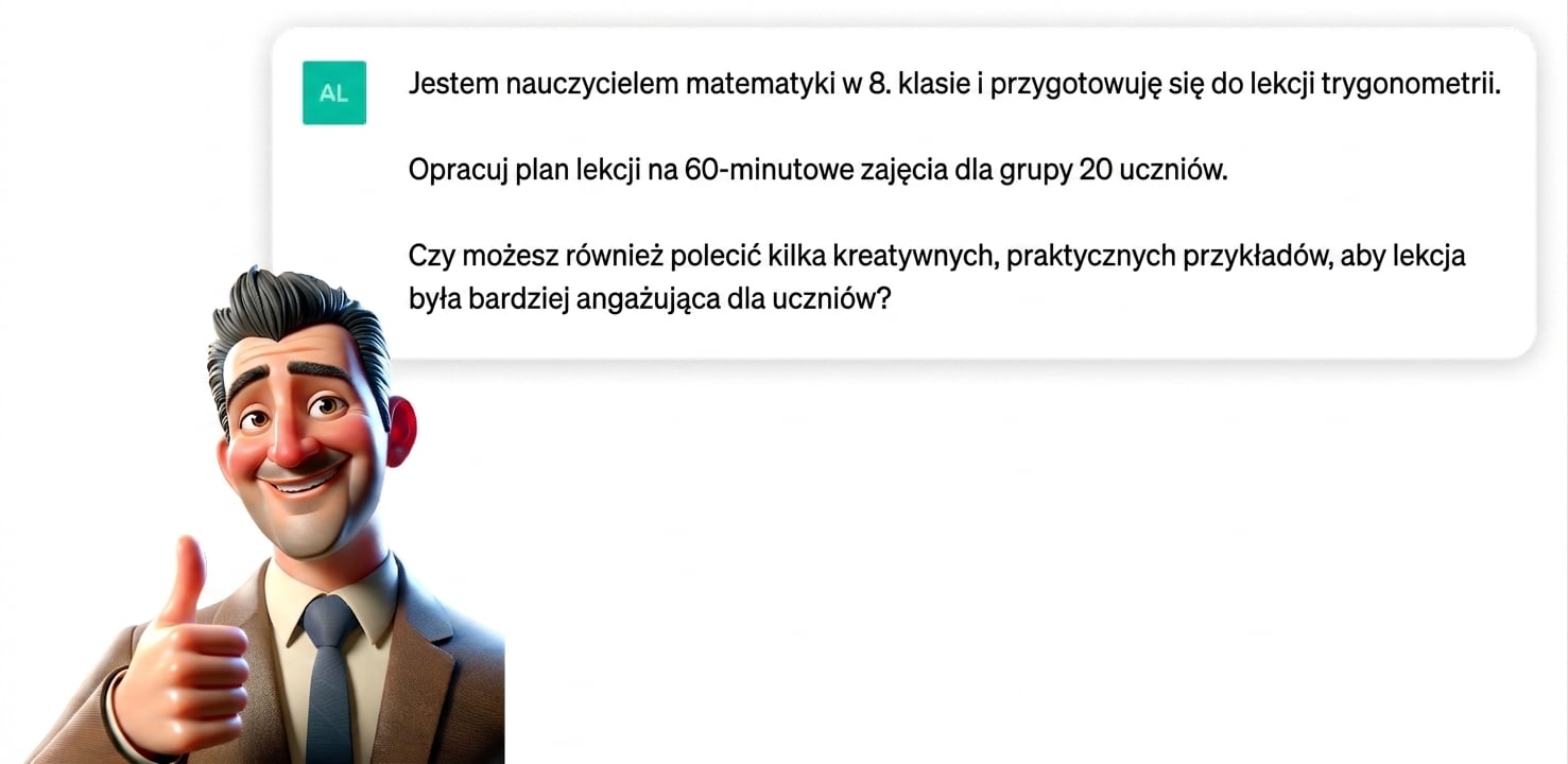 Rysunkowa ilustracja nauczyciela pokazującego kciuk w górę