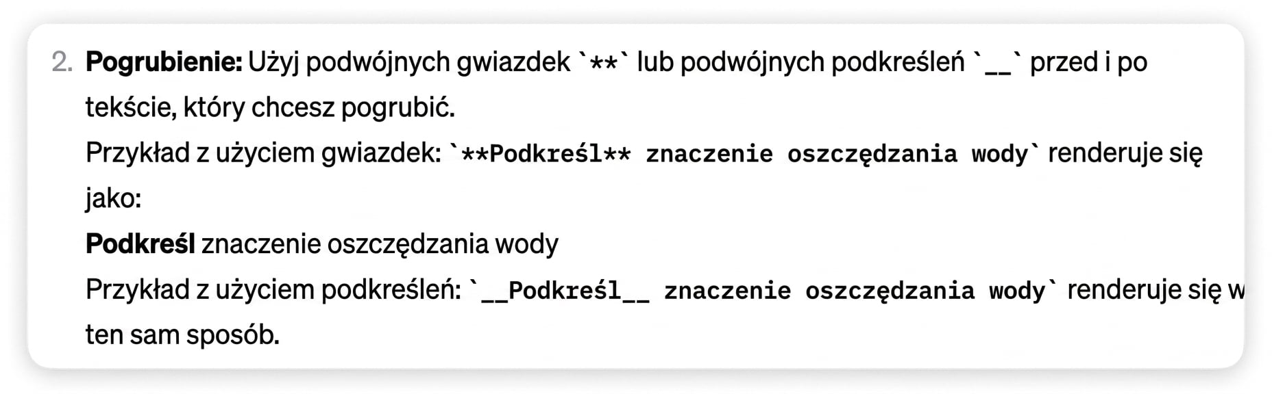 Przykłady wyróżniania tekstu gwiazdkami lub podkreślnikami