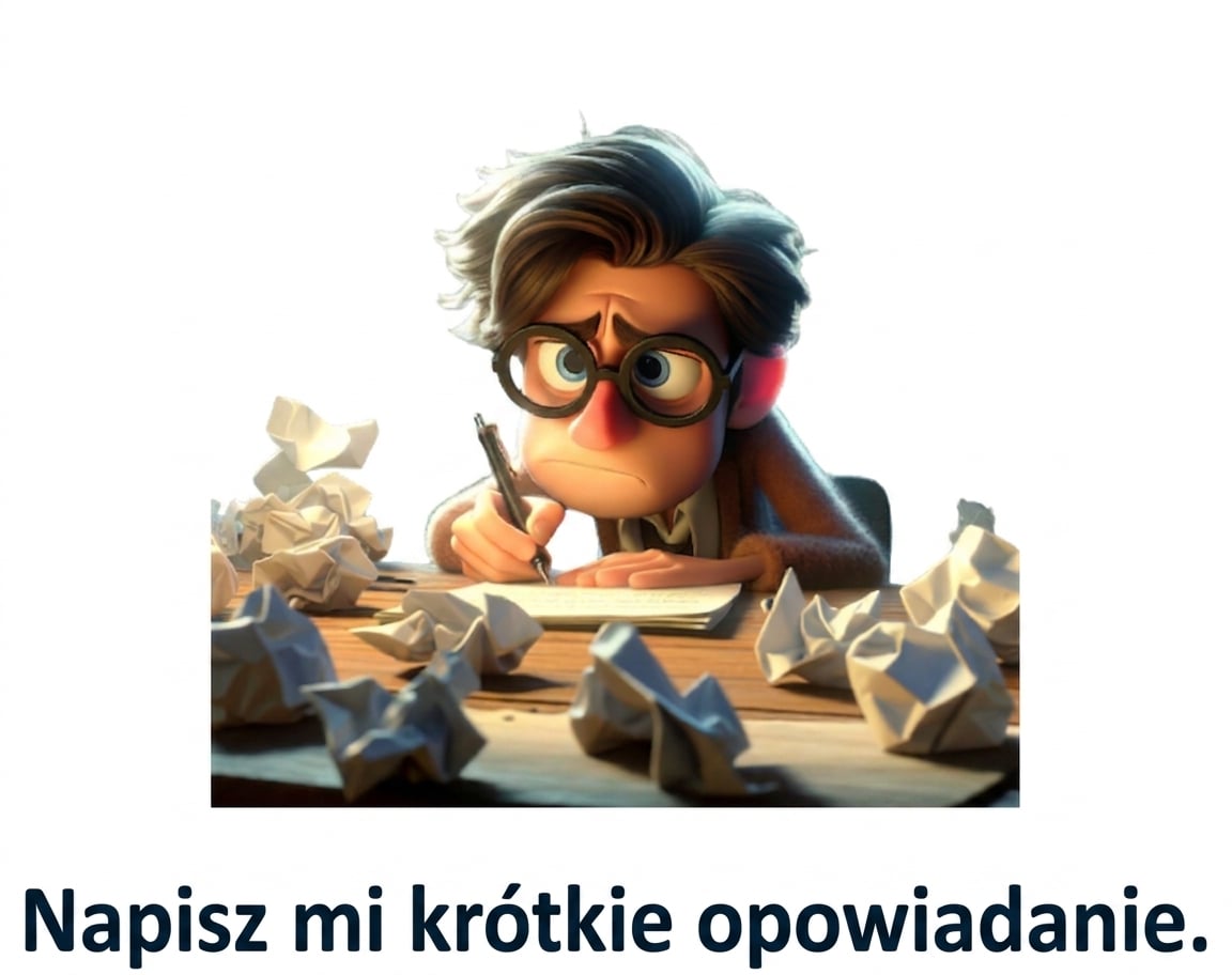 Zdezorientowana i zmęczona osoba z promptem „napisz mi krótką historię"