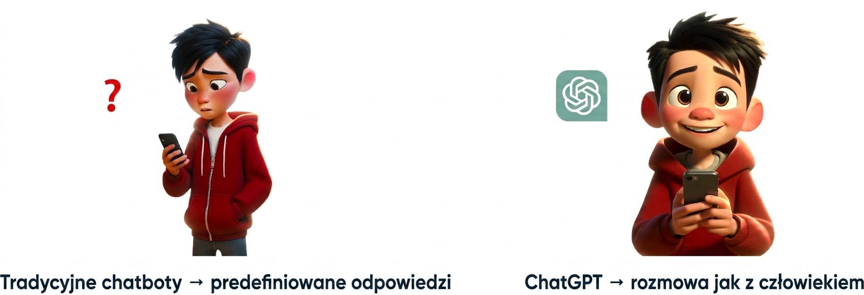 Rysunkowa ilustracja chłopca korzystającego ze smartfona i cieszącego się z odpowiedzi ChatGPT