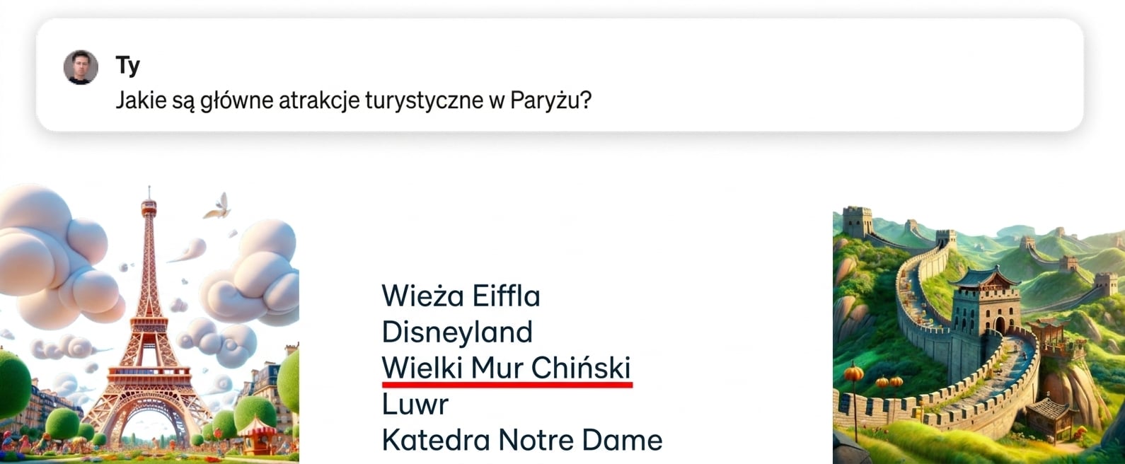 Pytanie o atrakcje turystyczne w Paryżu z zaznaczoną nieprawidłową odpowiedzią