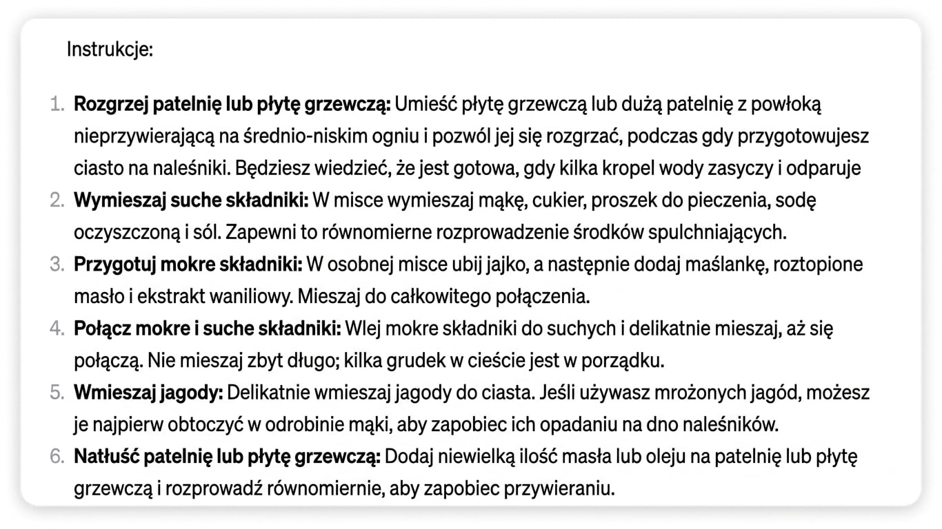 Odpowiedź ChatGPT na prompt o krokach do przygotowania idealnych naleśników jagodowych