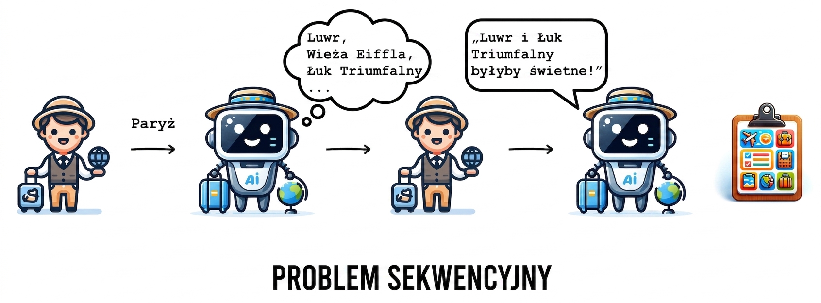 Ten przepływ pracy dotyczący planowania podróży jest przykładem problemu sekwencyjnego.