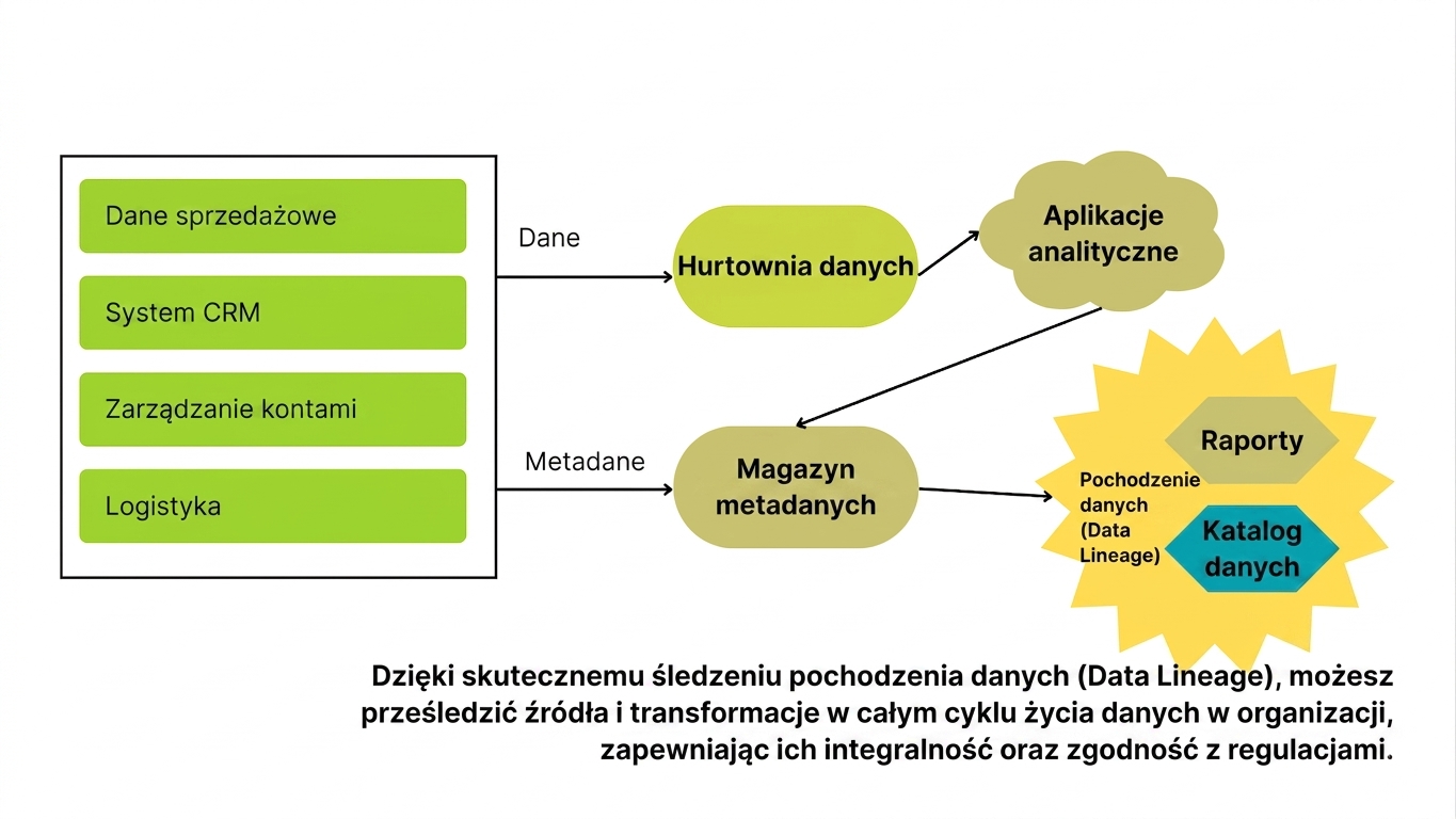 Dane systemowe po lewej przekształcone w raporty i katalogi danych przez zarządzanie metadanymi