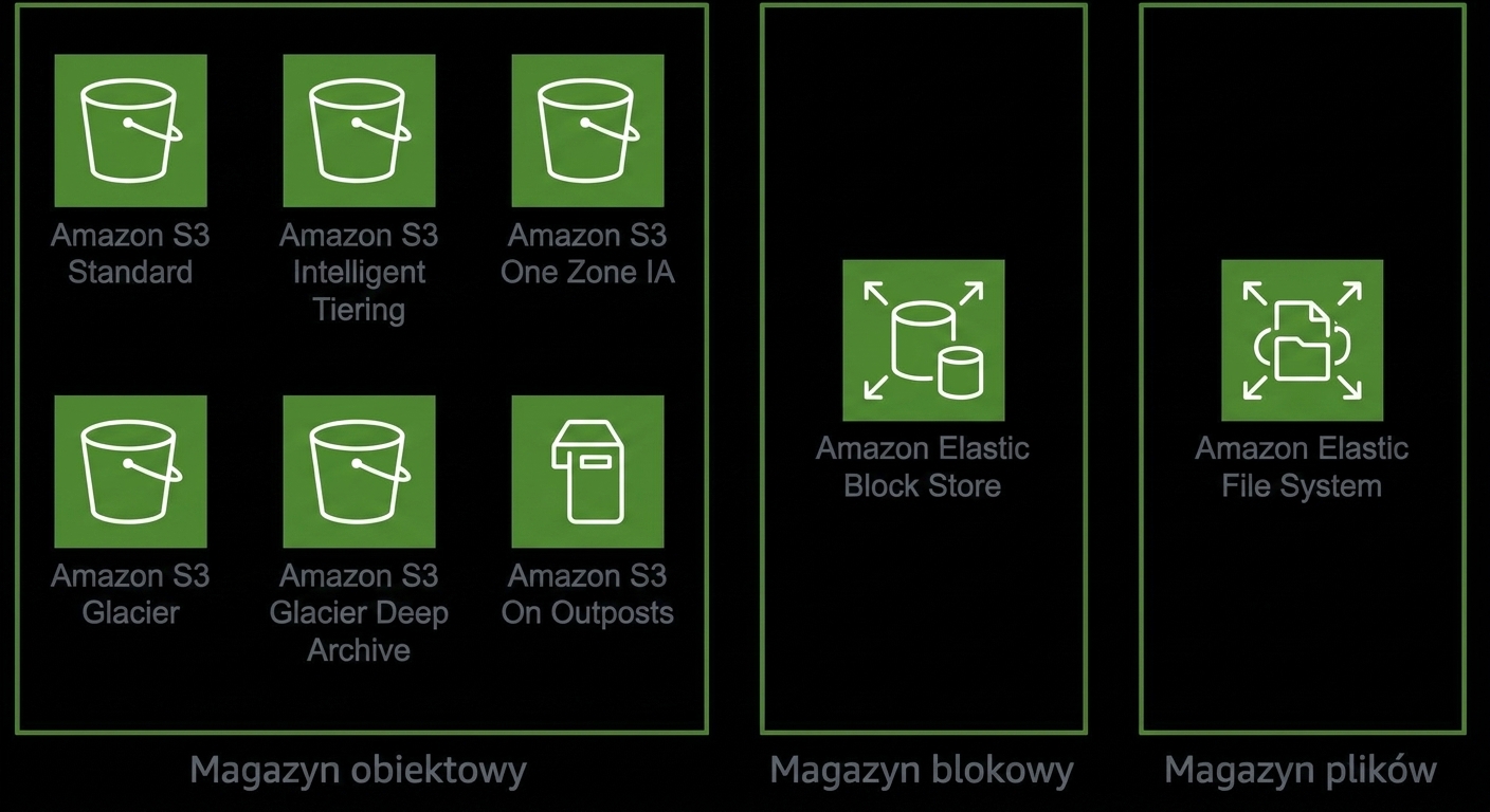 Trzy pola: jedno przedstawiające sześć klas pamięci masowej S3, drugie Elastic Block Store, trzecie Elastic File System.
