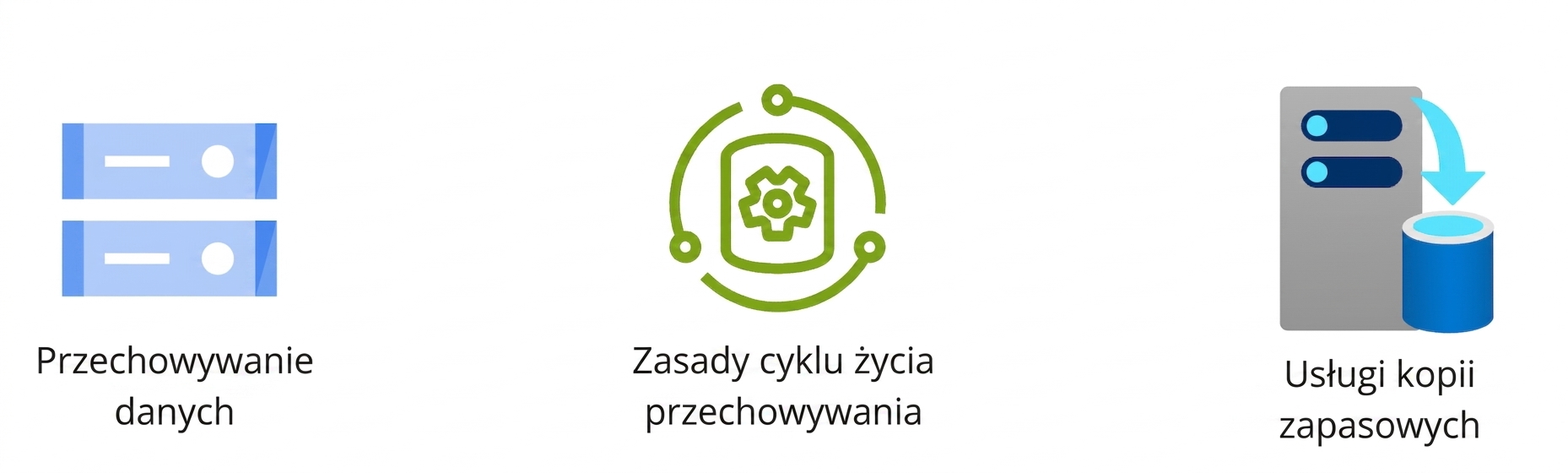 Trzy ikony przedstawiające pamięć masową, zasady cyklu życia pamięci i usługi kopii zapasowych.