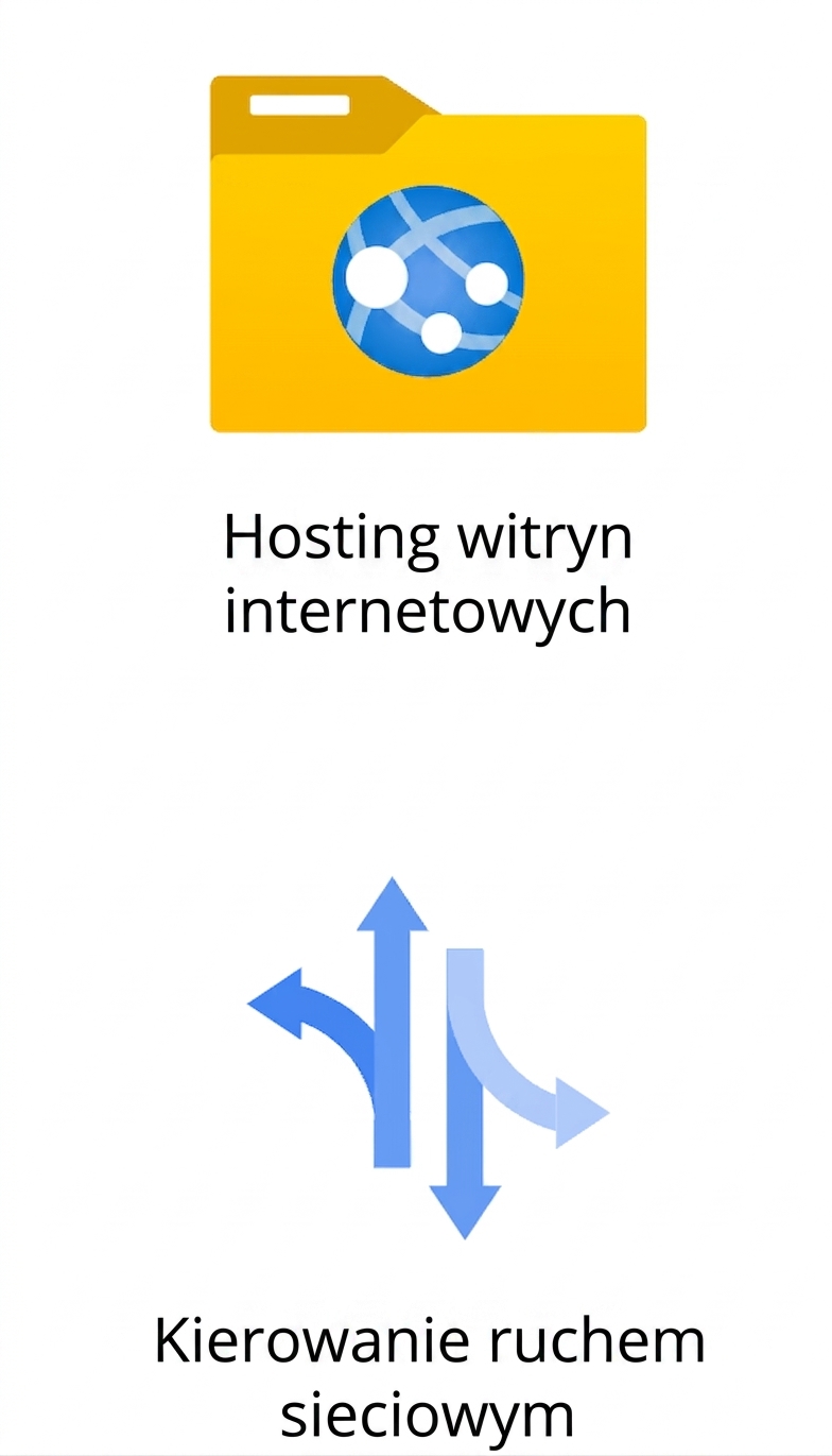Ikony przedstawiające hosting witryn i kierowanie ruchem sieciowym.