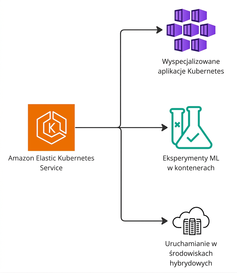 Rozgałęziony diagram przedstawiający obsługę Kubernetes, uczenia maszynowego i środowisk hybrydowych przez Elastic Kubernetes Service.
