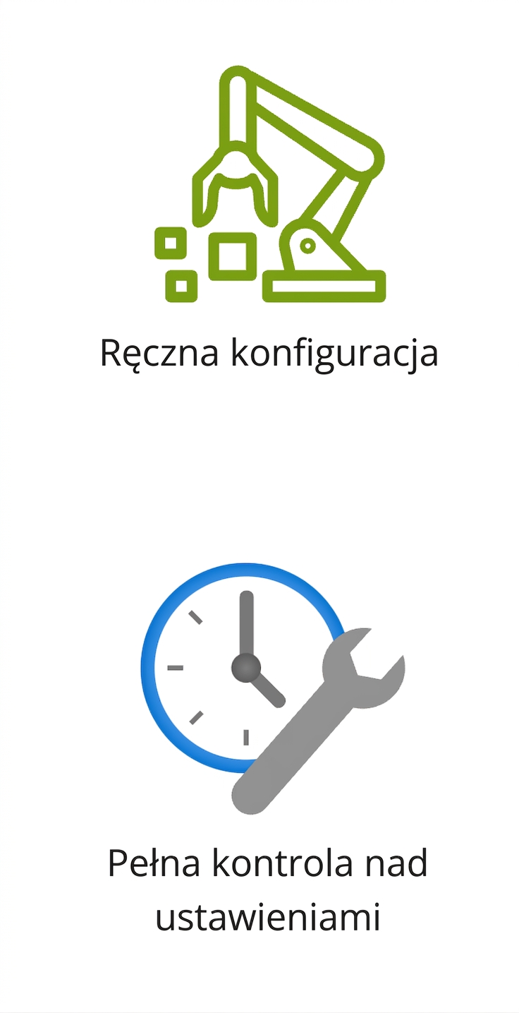 Dwie ikony przedstawiające ręczną konfigurację i pełną kontrolę.