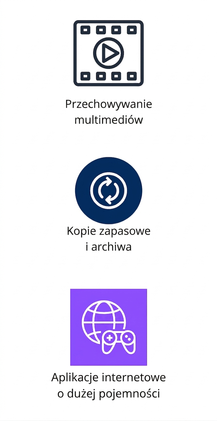 Trzy pionowe ikony przedstawiające przechowywanie multimediów, kopie zapasowe i archiwa oraz aplikacje webowe o dużej pojemności.