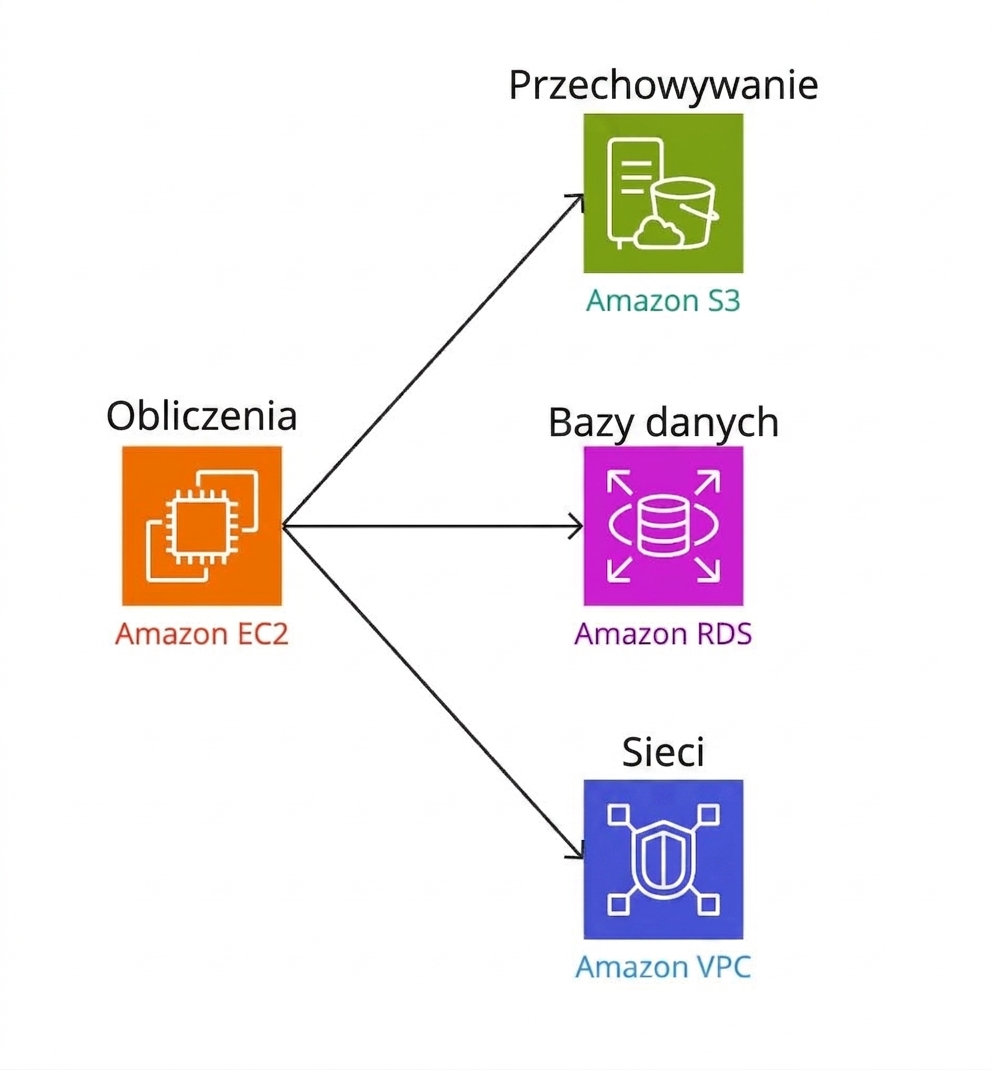 Diagram rozgałęziony pokazujący połączenie compute z pamięcią masową, bazami danych i sieciami.