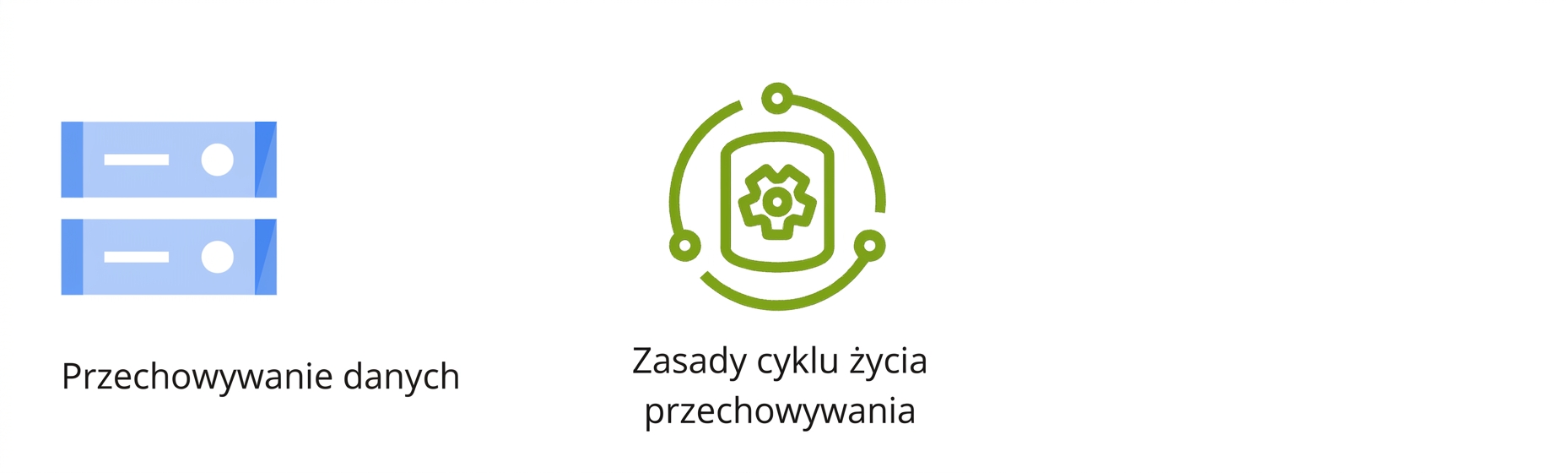Dwie ikony przedstawiające pamięć masową i zasady cyklu życia pamięci.