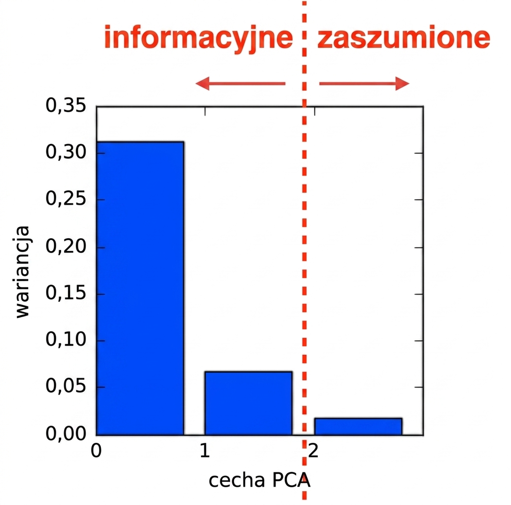 Wykres słupkowy: numer cechy PCA a wariancja z pionową linią między 1 a 2, strzałka w lewo oznaczona „informacyjna", strzałka w prawo oznaczona „szum"