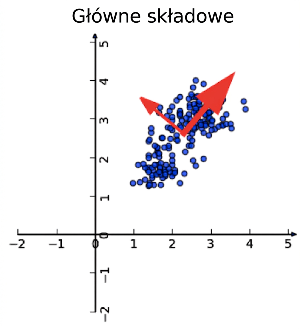 wykres punktowy danych o winach z 2 czerwonymi strzałkami wskazującymi kierunki składowych głównych (obrócone osie)