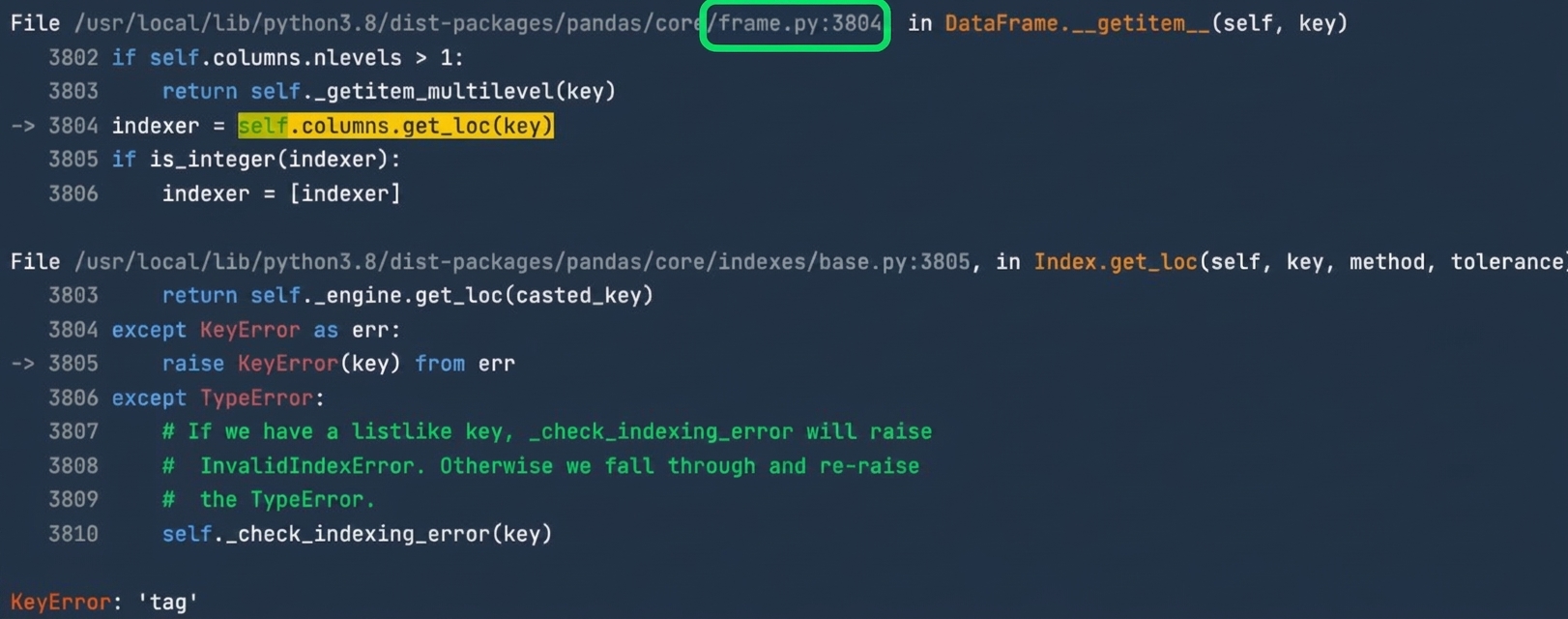 Traceback pokazujący kod celowo zwracający błąd