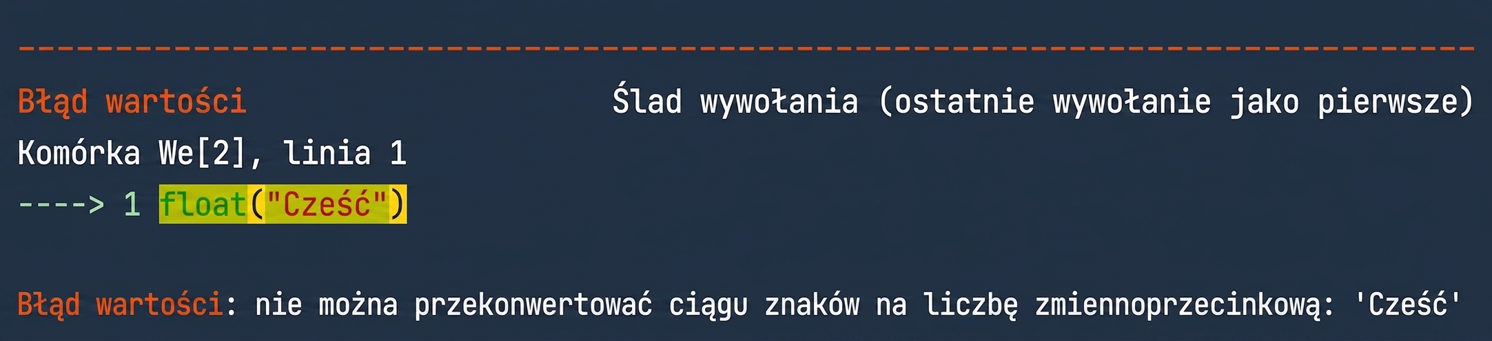 Wyjście ValueError potwierdzające, że ciąg 'Hello' nie może zostać przekonwertowany na float