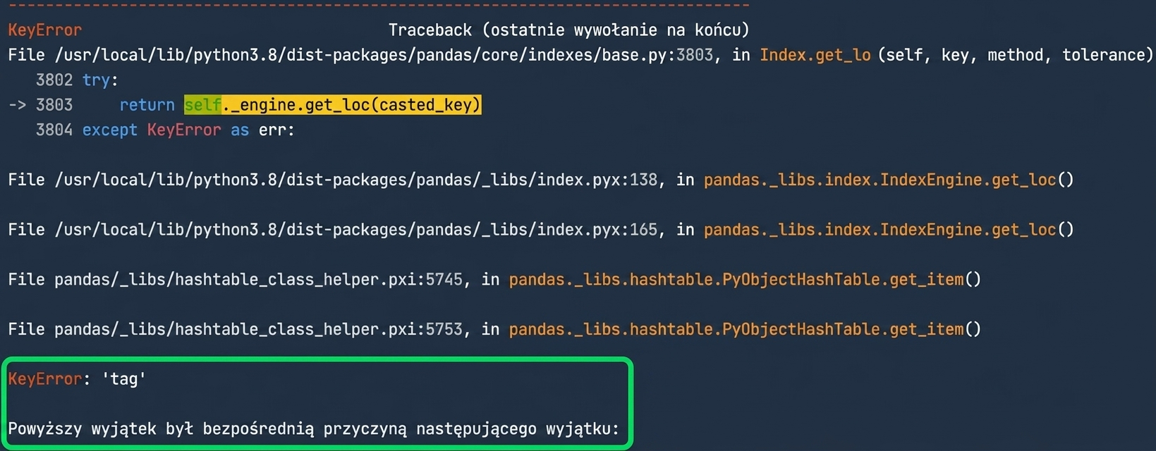 Traceback z wyróżnionym KeyError