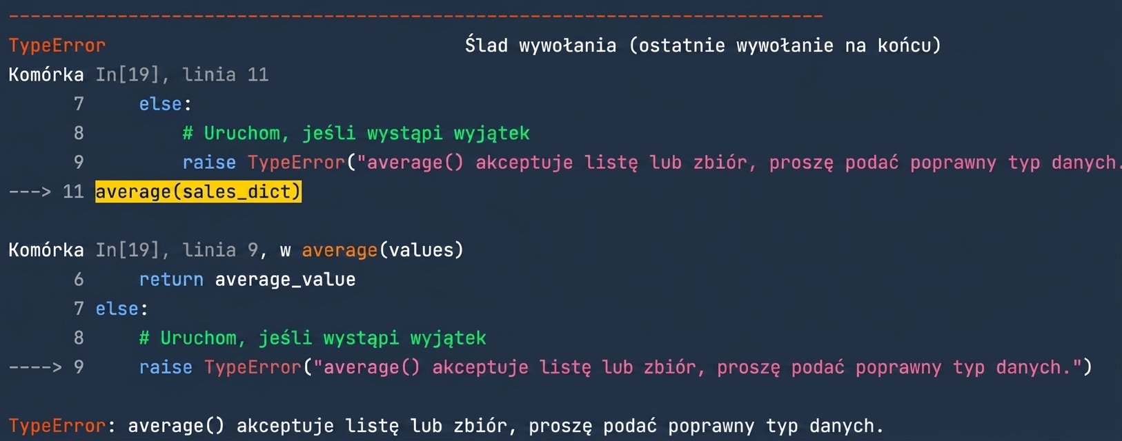 Wynik TypeError z niestandardowym komunikatem o podaniu właściwego typu danych