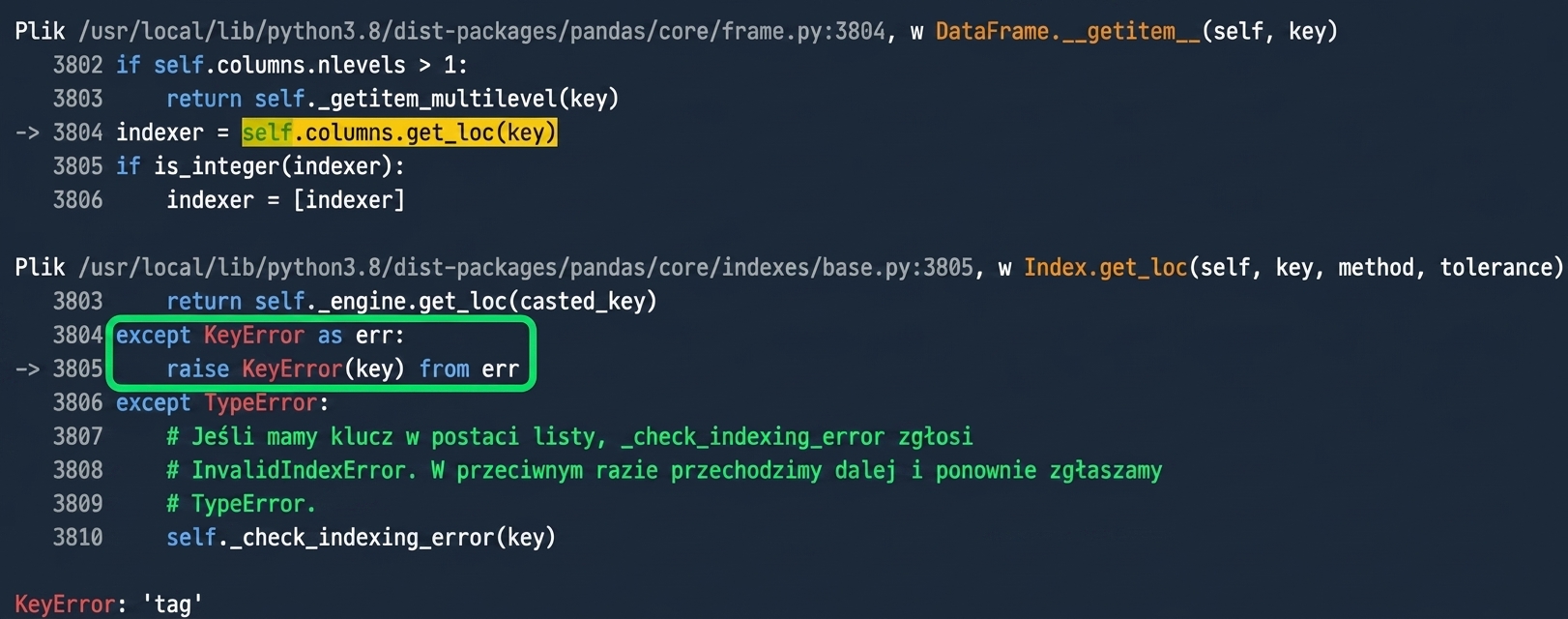 Traceback z wyróżnionym słowem Raised