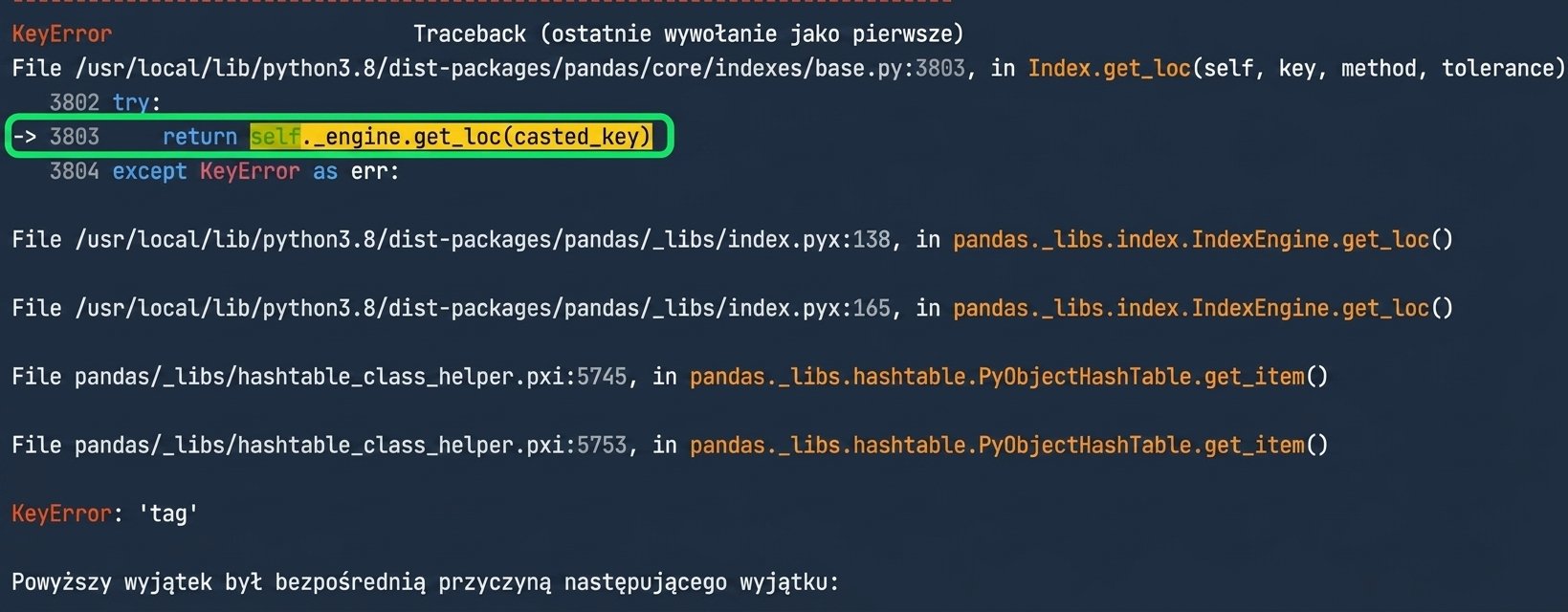 Traceback z wyróżnioną linią 3803