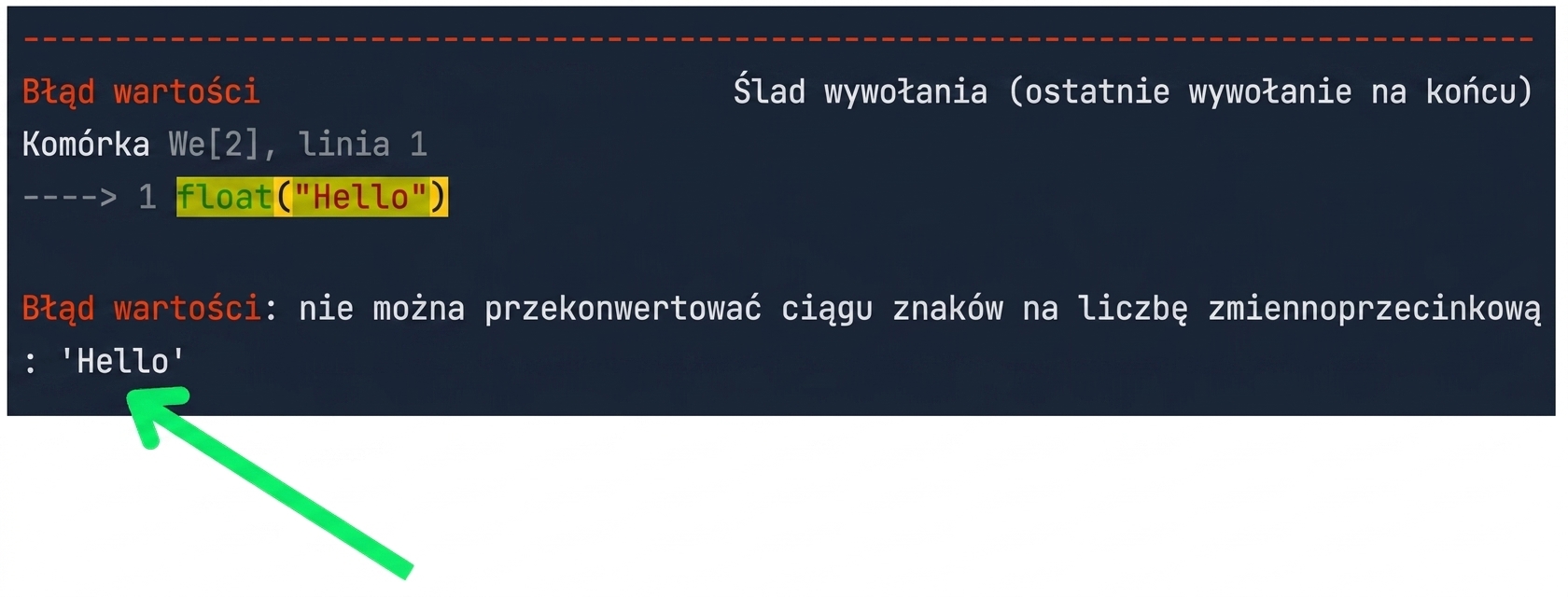 Komunikat traceback z wyróżnionym typem błędu
