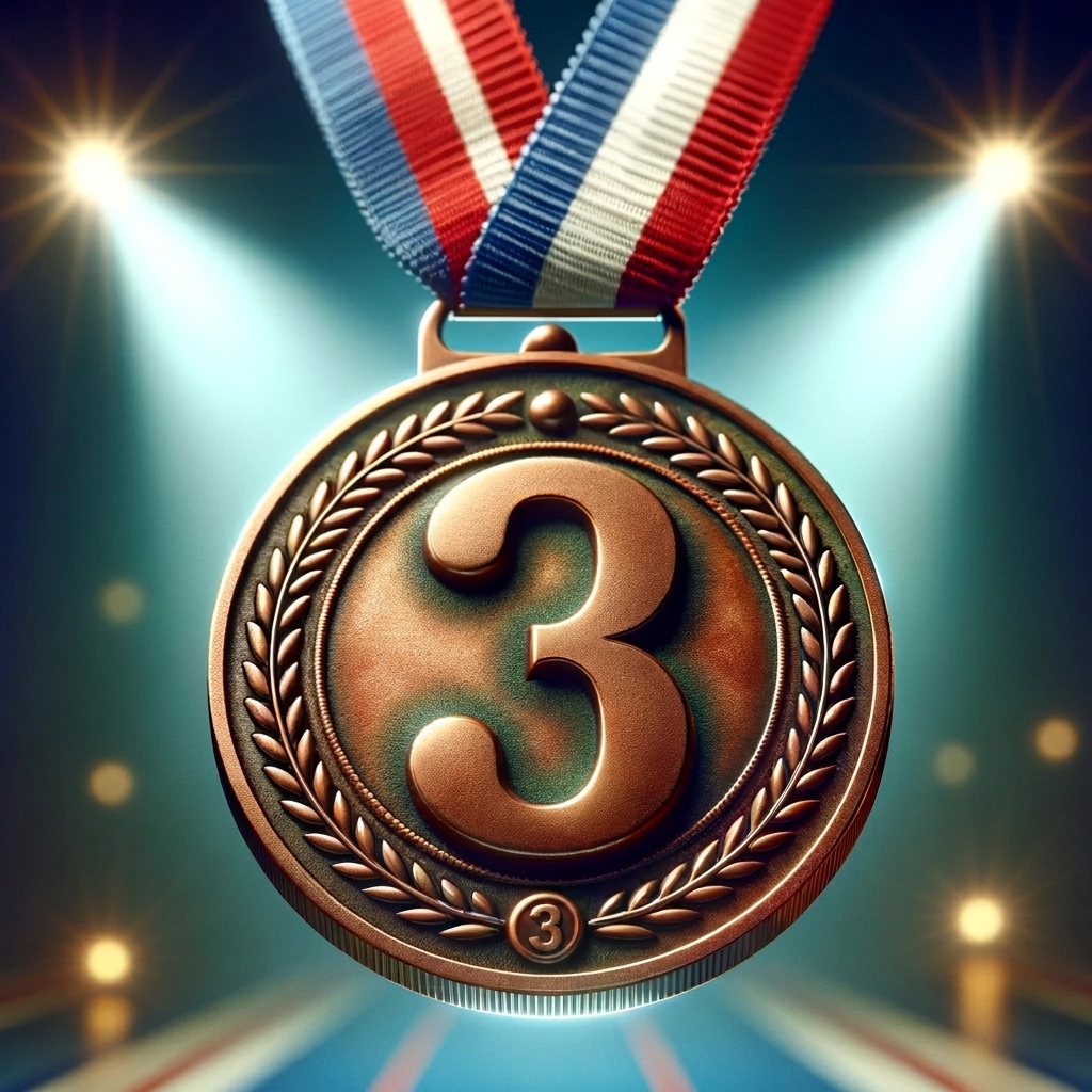 A picture of a bronze medal with the number 3