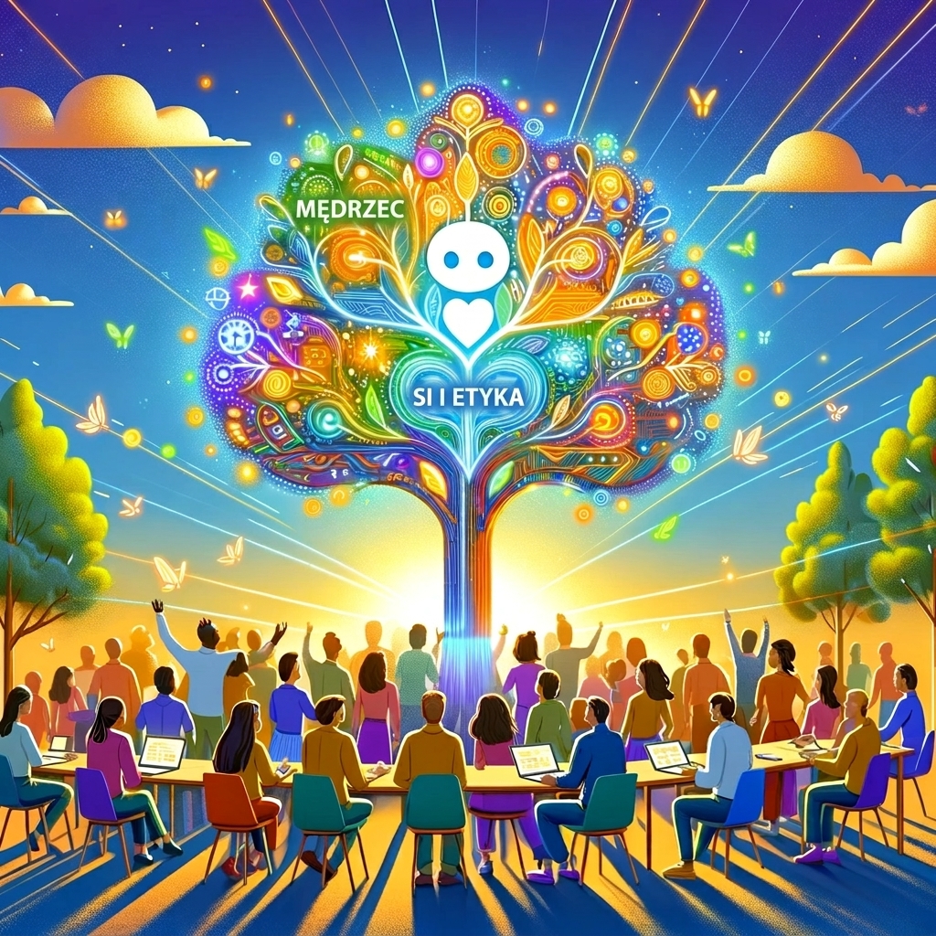 A colorful tree surrounded by a diverse group of people around a table