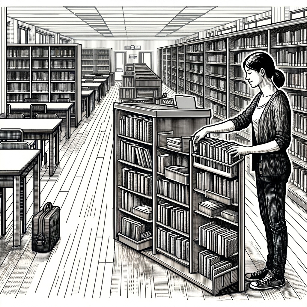 Obraz bibliotekarza porządkującego książki w bibliotece