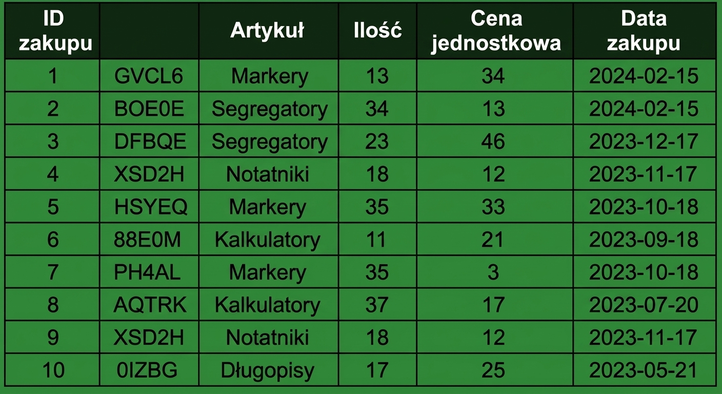 Table showing school orders
